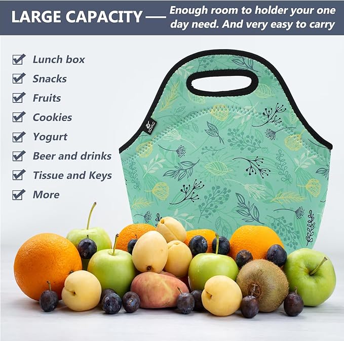 LOVAC Neoprene Lunch Bag, Thick Insulated Lunch Bag - Durable & Waterproof Lunch Tote With Zipper For Outdoor Travel Work School (Leaf)