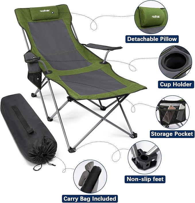 apollo walker Camping Chairs for Adults - 6 Legged Beach Chair with Foot Rest, Adjustable 90° - 135° Reclining Lounge Chair Outdoor, Folding Chairs for Outside with Detachable Pillow & Carry Bag Green