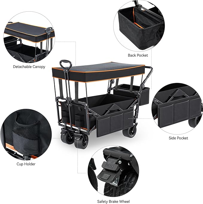 YITAHOME Collapsible Garden Cart w/Removable Canopy, Heavy Duty Outdoor Foldable Wagon Cart w/Rear Storage and Flexible Swivel Wheels for Shopping, Picnic, Camping, Sports,Black