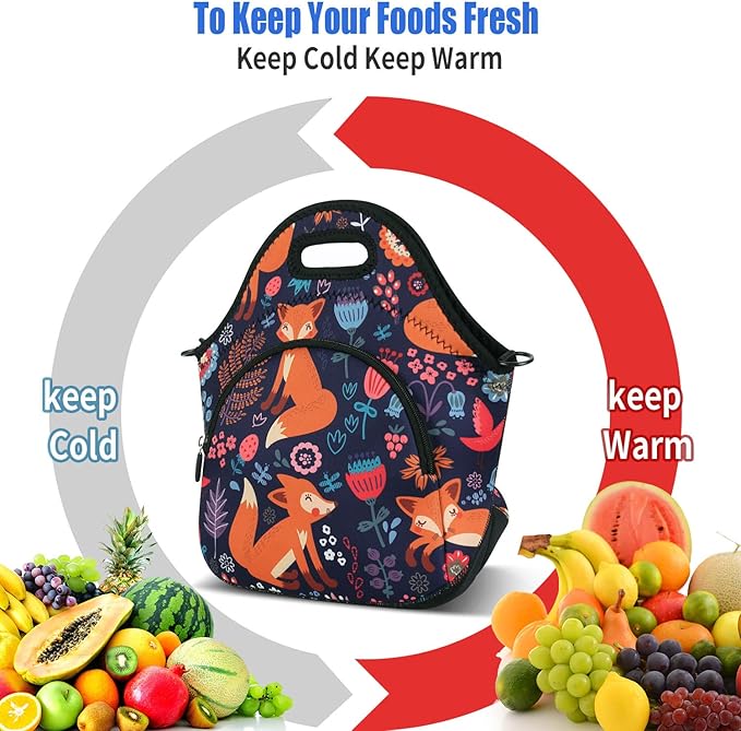 Violet Mist Neoprene Thermal Insulated Resuable Lunch Bag Tote Large with Extra Pocket Detachable Adjustable Shoulder Cute Fox Animal Cartoon Lunchbox Food Handbags Container for Women Christmas