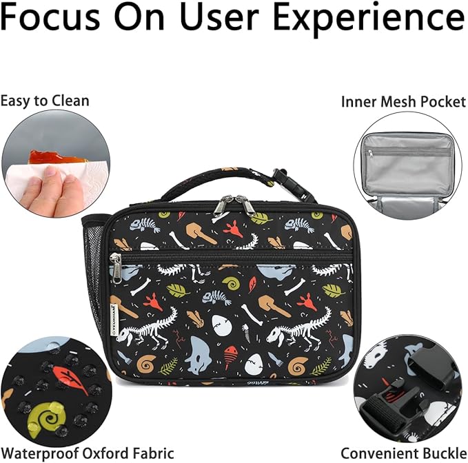 Insulated Lunch Box for School, Thermal Reusable Durable Freezable Lunch Bags for Kids Boys Girls Men Women - Small Soft Cooler Portable Lunch Tote Kit for Work Picnic Travel,Dinosaur Fossil