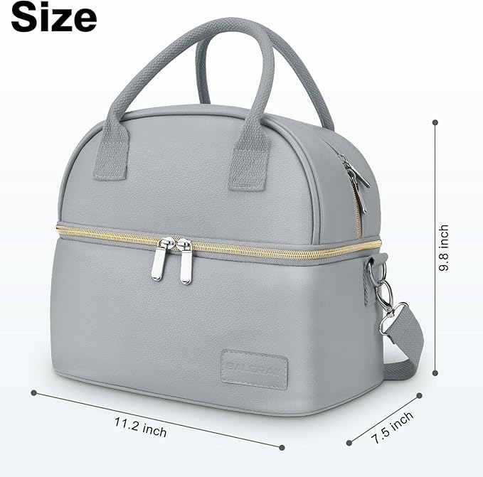 BALORAY Lunch Bag for Women Men, Double Deck Lunch Box for Adults Teens, PU Leather Lunch Tote Bag Insulated Lunch Bags with Strap for Work Office School