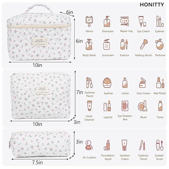 Makeup Bag,Quilted Cosmetic Bag,Large Floral Make Up Bag for Women,Cotton Makeup Bag Set,Flower Travel Toiletry Bag