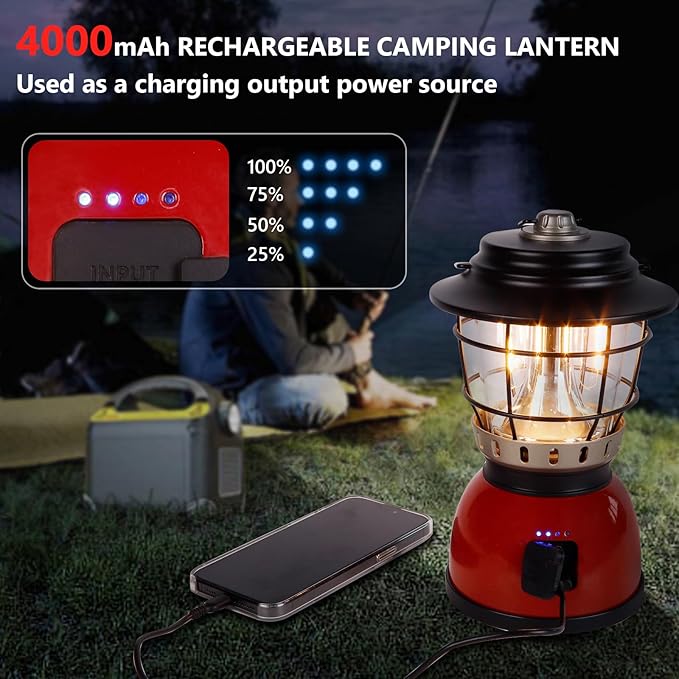 LED Camping Lantern Rechargeable Stepless Dimming Vintage Rechargeable Vintage Lantern, 4000mAh Power Bank, IPX5 Waterproof Portable Hanging Lamp for Camping Hiking Emergency and Power Outage