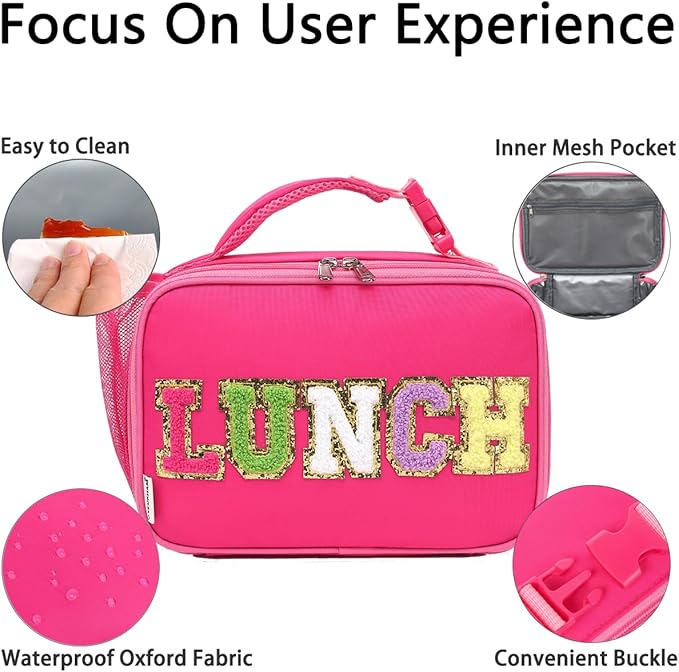 Insulated Lunch Box for School, Thermal Reusable Durable Freezable Lunch Bags for Kids Boys Girls Men Women - Small Soft Cooler Portable Lunch Tote Kit for Work Picnic Travel,Rose Red Alphabet