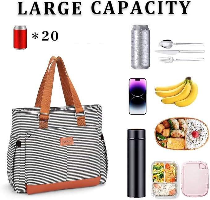 Large Women Lunch Bags for Work/Insulated Adult Lunch Box/Leakproof Cooler Lunch Tote Bag with Storage Pocket. Reusable Lunch Cooler Purse for Work Picnic Hiking 14L, Stripe