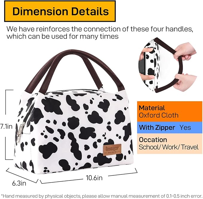 Buringer Insulated Lunch Bag Lunch Box for Women Men Adult Lunch Tote for Work Picnic Travel (Cow Print)