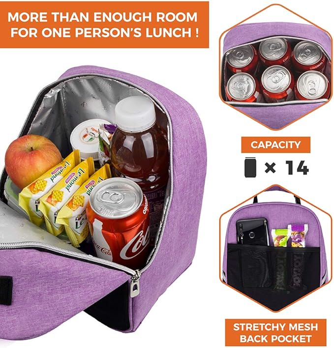 opux Lunch Box for Girls Boys Kids, Insulated Leakproof Lunch Bag, Reusable Teen Lunch Boxes for School, Medium Large lunchbox for Women Men Adult for Work with Front Back Pocket (Purple)