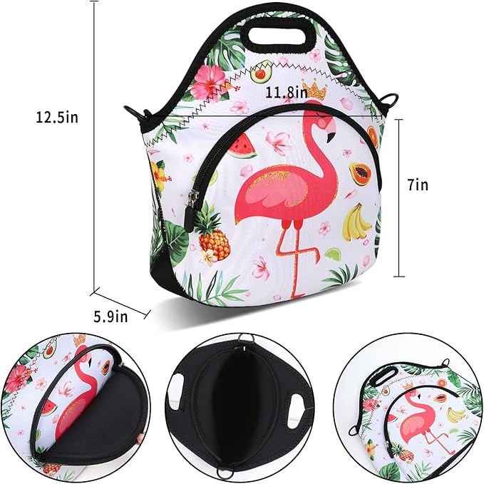 Violet Mist Neoprene Lunch Bag Reusable Insulated Cartoon Flamingo Snack Bags Animal Work Picnic Travel Tote Food Handbags, Unisex, 12.6"L x 11.8"H x 6.13"W