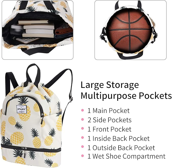 Dry Wet Drawstring Backpack with Shoe Compartment for Women Adjustable Gym Bag