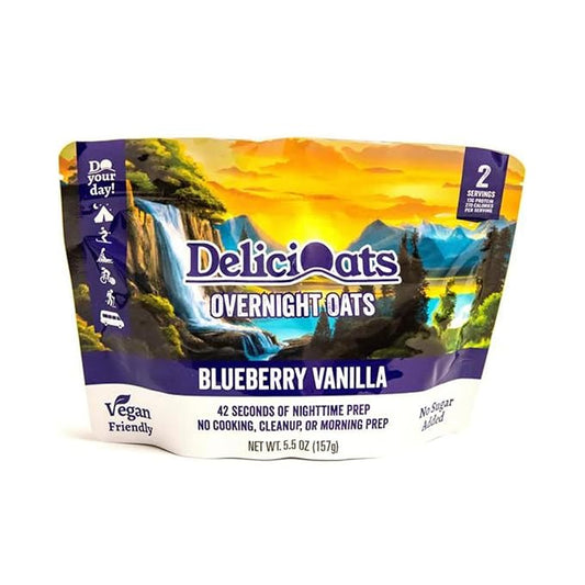 DeliciOats Overnight Oats | Dairy Free, Soy Free, Gluten Free Oatmeal for Backpacking, Camping, Emergency Food, and Everyday Breakfast (Pack of 1, Blueberry Vanilla)