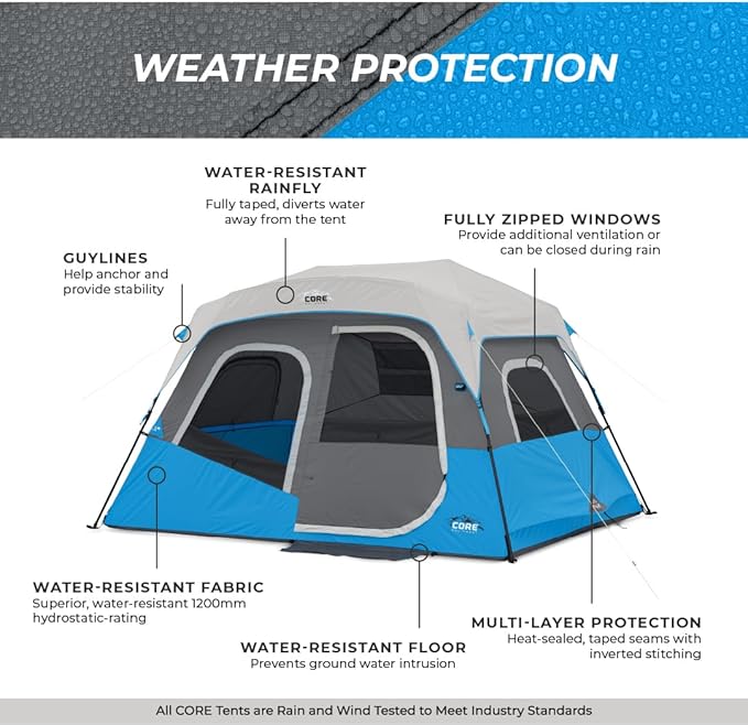 CORE Instant Cabin Tents with LED Lights | 6 Person / 9 Person / 12 Person Family Multi Room Lighted Pop Up Tents for Camping | Included Storage Pockets for Camping Accessories
