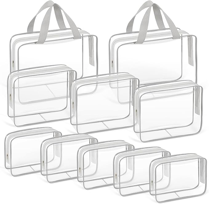 TISRATOK 10 PCS Clear Travel Makeup Toiletry Bag, Plastic PVC Cosmetic TSA Approved Organizer Kit with Zipper Handbag（Grey）