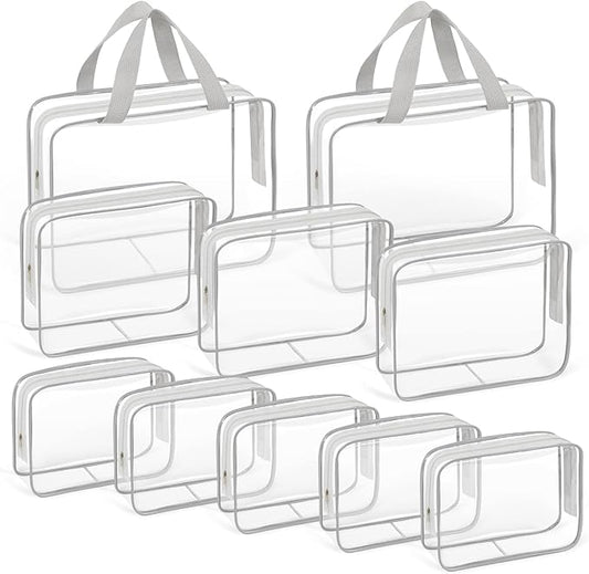 TISRATOK 10 PCS Clear Travel Makeup Toiletry Bag, Plastic PVC Cosmetic TSA Approved Organizer Kit with Zipper Handbag（Grey）