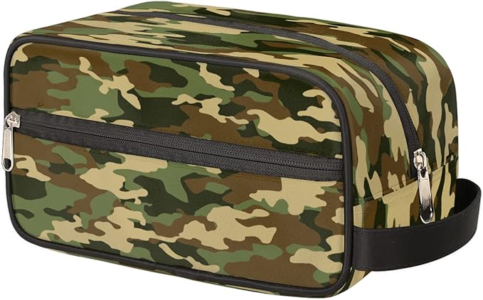 Green Camo Portable Travel Toiletry Bag, Geometry Camouflage Print Dopp Kit Cosmetic Organizer Makeup Bag Shower Shaving Bag for Men Women