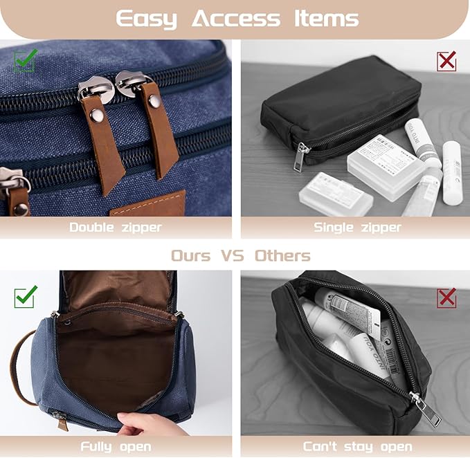 Men's Canvas Toiletry Bag, Large Capacity Men's Travel Portable Toiletry Bag, Organizer Dopp Kit Leather Accessory, Water-resistant Shaving Pouch, Birthday/Anniversary/Groomsmen Gifts for Him- Blue