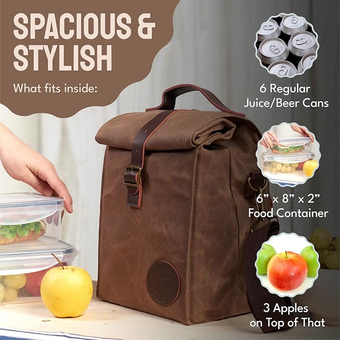 Insulated Lunch Bag 10L Sturdy Waxed Canvas Lunch Box for Men and Women, Leakproof Insulated Cooler Bag for Work Picnic Hiking, Lunchbox for Adults with Shoulder Strap (Brown)