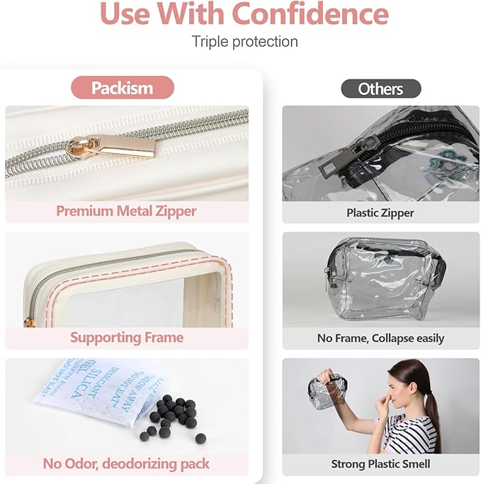 PACKISM TSA Approved Toiletry Bag - Beige Bohemian Print Clear Shell Bag and Upgrade Color-Edged Clear Makeup Bag, Perfect for On the Go or Travel, Lightweight and Robust, 2 Pack