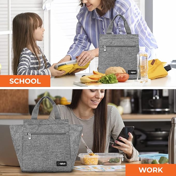 opux Lunch Bag for Women, Insulated Lunch Box Tote for Girls Kids Adult School Work, Reusable Womens Lunch Tote for Office Travel, Cute Small Lunch Tote, Fits 12 Cans - Heather Gray