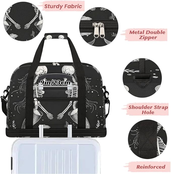 cfpolar Woman Travel Duffel Bag Skull Mermaid Foldable Tote Carry On Luggage Sports Gym Bag With Shoe Compartment Overnight Weekend Yoga Workout Bag Training Handbag