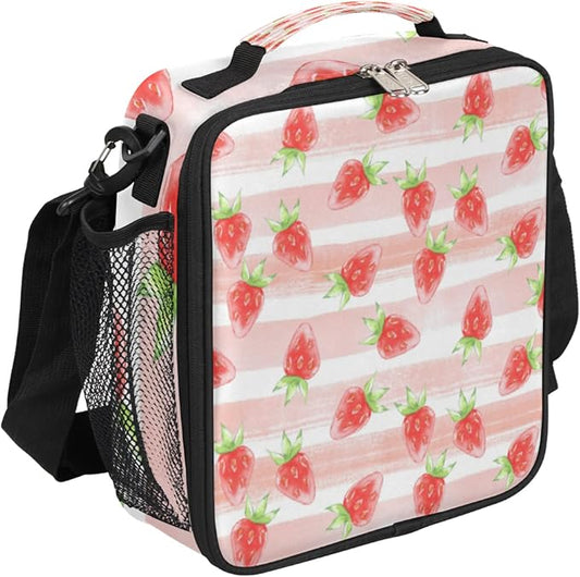 Fruit Strawberry Insulated Lunch Bag Girls,Kids Thermal Meal Cute Pink Stripe Reusable Lunch Box Children Waterproof Back to School Picnic