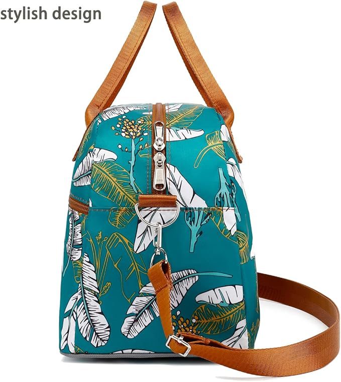 FlowFly Insulated Lunch Bag With Shoulder Strap for Women, Men, and Kids, Large and Reusable, Handle, Freezable Work and School Travel Tote and Meal Prep Organizer, leaves