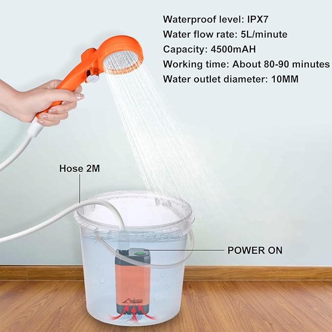 WADEO Portable Shower for Camping, Outdoor Electric Shower Rechargeable Pump with Intelligent Digital Display, Camping Shower Head Nozzle for Camping, Hiking, Traveling, Washing