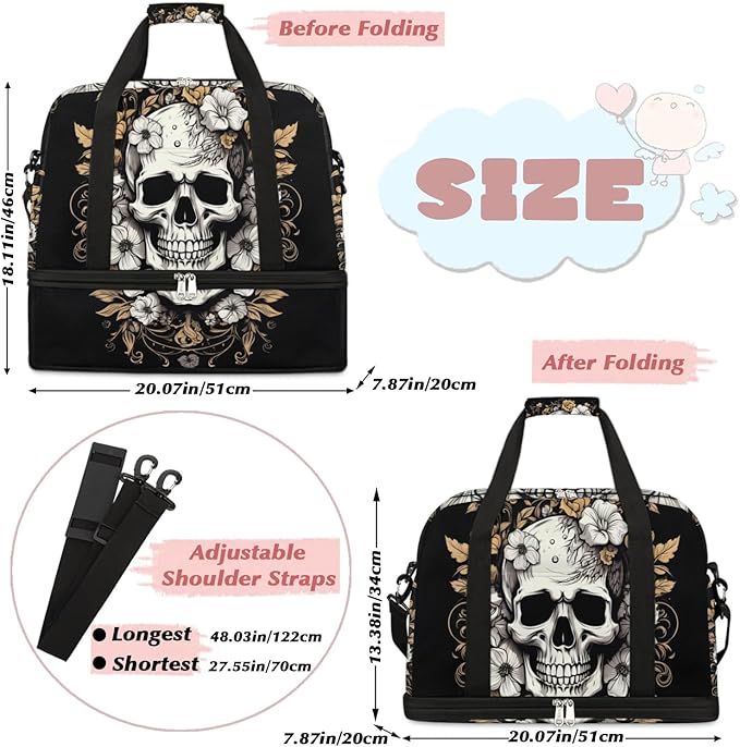 cfpolar Woman Travel Duffel Bag Vintage Flower Skull Foldable Tote Carry On Luggage Sports Gym Bag With Shoe Compartment Overnight Weekend Yoga Workout Bag Training Handbag