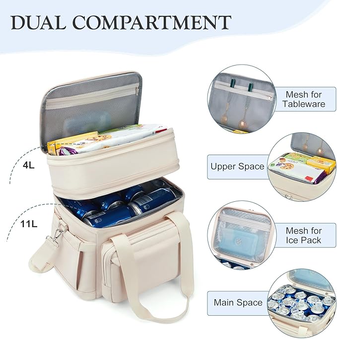 Insulated Lunch Box for Women - Reusable Modern Double Deck Lunch Bag Adults Expandable Heavy Duty Lunch Cooler Tote for Work Office Picnic,Beige