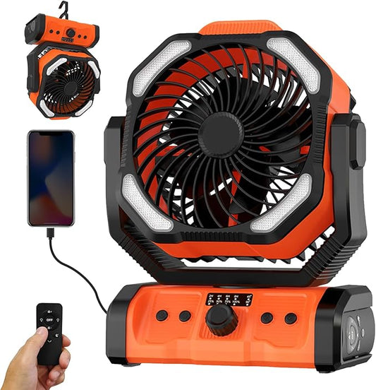 Camping Fan with Remote & Timer - 20000mAh Dual-Blade Rechargeable Fan, Auto Oscillation, 270° Pivot Hook for Hurricane Emergency, Power Outage, Garage, Patio, RV Travel, Outdoor