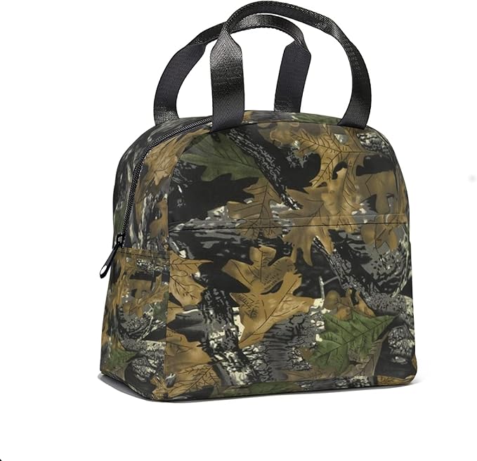 Giwawa Leaf Camouflage Insulated Lunch Bag for Men Women Tree Leaves Camo Reusable Lunch Box Thermal Lunch Cooler Tote Bags with Front Pocket for Kids Boys Girls Office Picnic