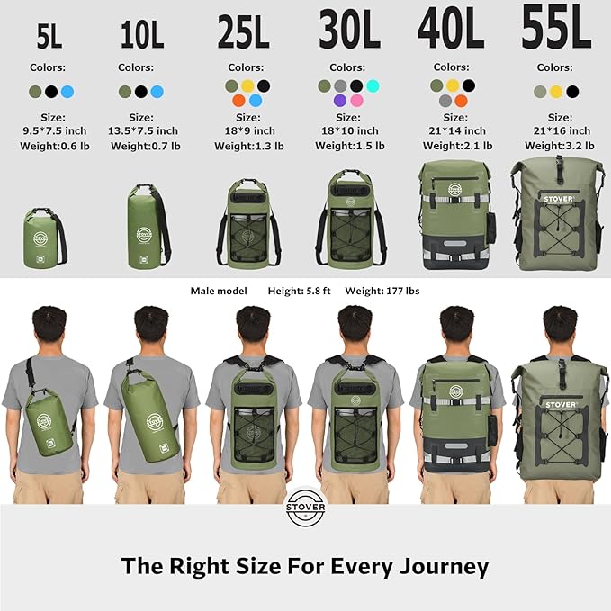 STOVER 5/10/25/30/40/55L Waterproof Dry Backpack & Phone Case- Medium Floating Dry Bag for Kayaking, Travel, Hiking, Fishing, Camping, Motorcycles & Beach, Heavy-Duty Roll Top Men/Women (Black)
