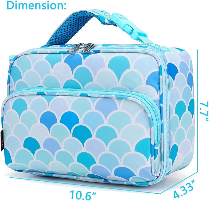 FlowFly Kids Lunch box with buckle Insulated Cooler Back to School Thermal Meal Tote Kit for Girls, Boys (Mermaid)