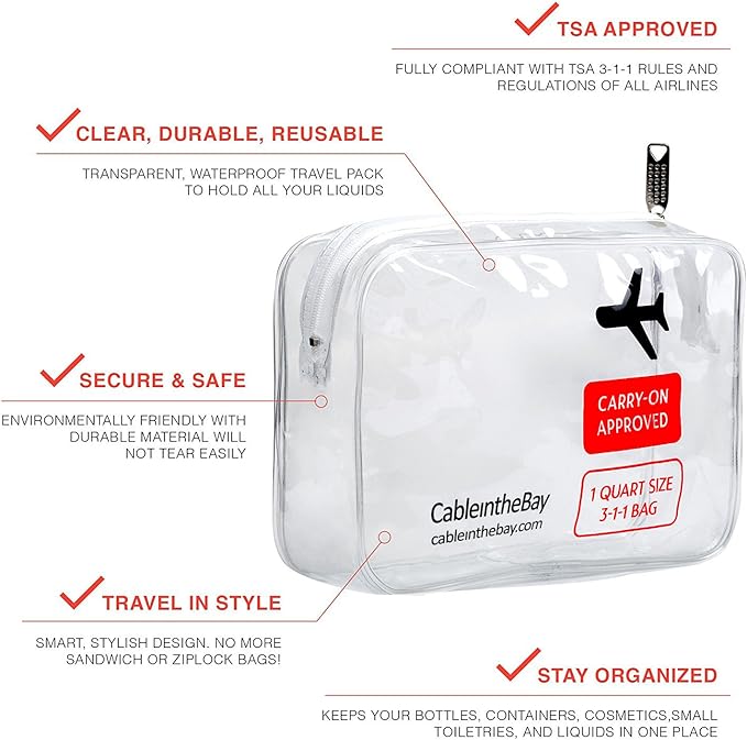 TSA Approved Clear Travel Toiletry Bag-Quart Sized with Zipper-Airport Airline Compliant Bag/Bottles-Men's/Women's 3-1-1 Kit+Travel (1 PACK)