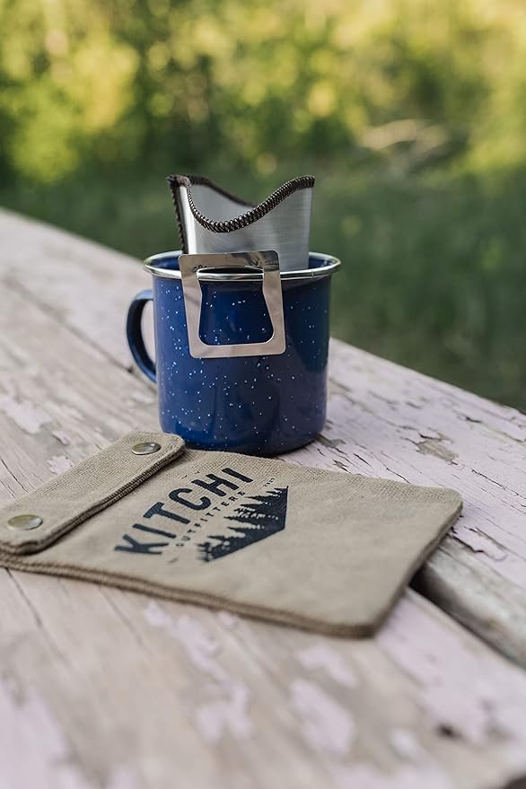 Lightweight Stainless Camping Backpacking and Hiking Pour Over Coffee Dripper with Olive Canvas Storage Pouch 6*4inch