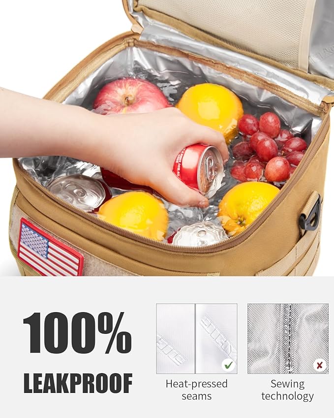 JOYHILL Tactical Lunch Box for Men, Insulated Lunch Bag with Detachable Bottle Pouch Holder, Large Durable Thermal Cooler Bag for Adult, Leakproof Bag for Work, Camping, Picnic, Sandy,13 L/18 Can