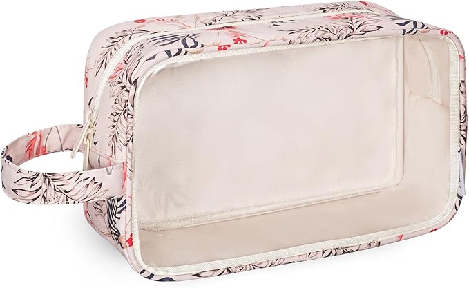Narwey Clear Makeup Bag Cosmetic Bag with Zipper for Travel, Clear Toiletry Bags for Traveling Toiletries Women Men, Make Up Pouch with Handle, Skincare Bag (Beige Flamingo)