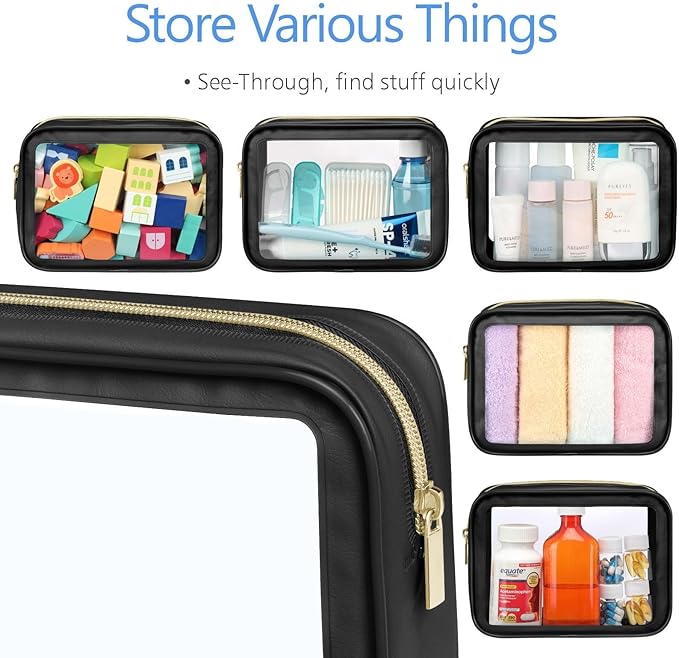 PACKISM TSA Approved Toiletry Bag - 3 Pack Upgrade Color-Edged Clear Makeup Bag, Clear Toiletry Bag For Traveling Fits Various Storage Needs, Black