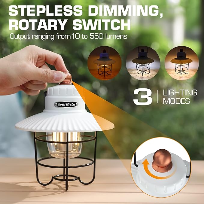 EverBrite LED Camping Lantern Pack of 2, USB C Rechargeable Lantern with 3 Light Modes, Vintage Outdoor Lanterns with Power Bank Function for Power Outages, Hurricane, Emergency, Fishing