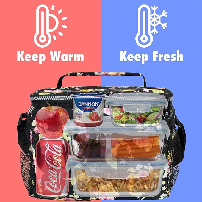opux Insulated Lunch Bag for Men Women, Leakproof Floral Black Lunch Box for Work, Portable Soft Lunch Cooler Bag with Shoulder Strap, Adult Lunchbox Lunch Pail for Kid Boy Girl School, 14 Can/8L