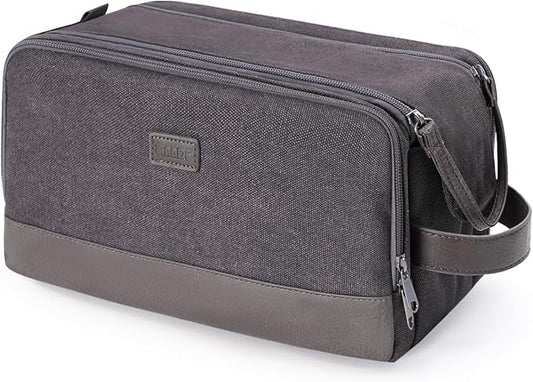 WANDF Toiletry Bag for Men Travel Toiletry Organizer Canvas and Leather Dopp Kit Water-Resistant Shaving Bag for Travel Accessories (Grey, Patent Pending)