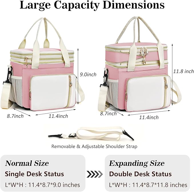 Lunch Box & Lunch Bag for Women, Large Insulated Adult Lunch Box Leakproof Lunchbox Cooler Bag for Work Picnic Beach,16L, Light Pink & White