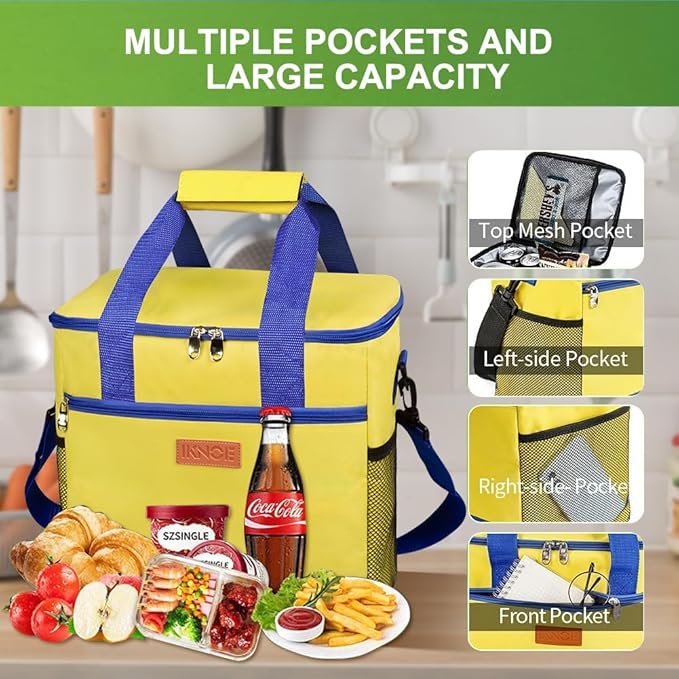 iknoe Large Cooler Bag Collapsible, 15L Insulated Bags, Leakproof Lunch Cooler Tote with Multi-Pockets for Adult, Insulated Lunch Box for Beach, Picnic,Work, Yellow 24-Can