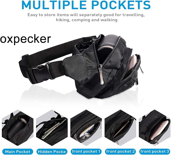 Oxpecker Waist Pack Bag with Rain Cover, Waterproof Fanny Pack for Men&Women, Workout Traveling Casual Running Hiking Cycling, Hip Bum Bag (black)