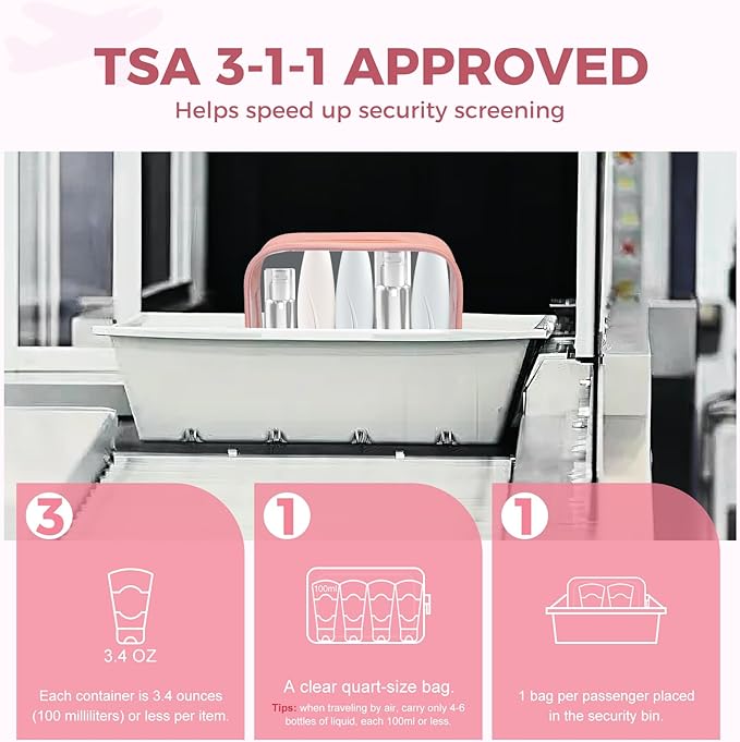 Moyad TSA Approved Clear Toiletry Bag, 1 Pack Quart Size 3-1-1 Liquids Pouch for Travel, Transparent Makeup & Cosmetic Organizer for Women Men, Peach Pink