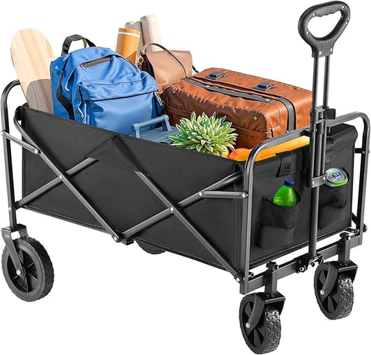 DUMOS Foldable Wagons Carts with All-Terrain Wheels, 120L & 360LBS Portable Garden Wagon Large Capacity Utility Cart with Drink Holders, Heavy Duty Collapsible for Sand, Beach, Gardening (Large Black)