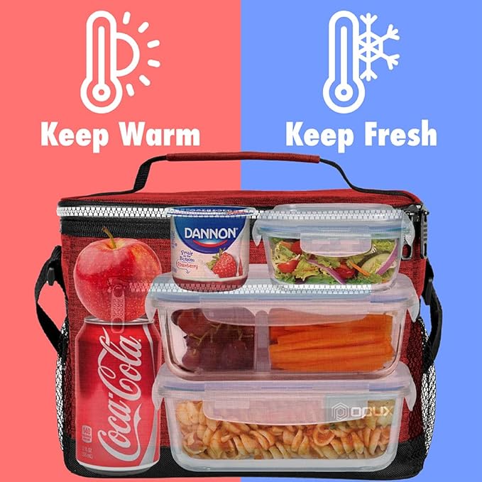 opux Insulated Lunch Box Men Women, Lunch Bag for Work School, Leakproof Soft Cooler Tote Adult, Large Lunch Pail Kids Boys Girls, Picnic Beach Food Bag with Shoulder Strap, Red