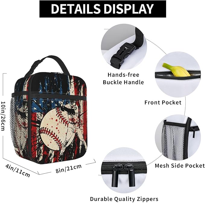 Baseball Stitches American Flag Insulated Lunch Bag, Baseball Sport Lunch Box Tote Cooler Reusable Lunch Pail Adjustable Shoulder Strap and Side Pocket Outdoors Meal Bag For Women