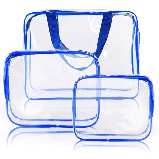 4Pcs Crystal Clear PVC Travel Toiletry Bag Kit for Women Men, Waterproof Vinyl Packing Organizer Storage Bags with Zipper Handle Straps, Cosmetic Pouch Carry on Airport Airline Compliant Bag Handbag