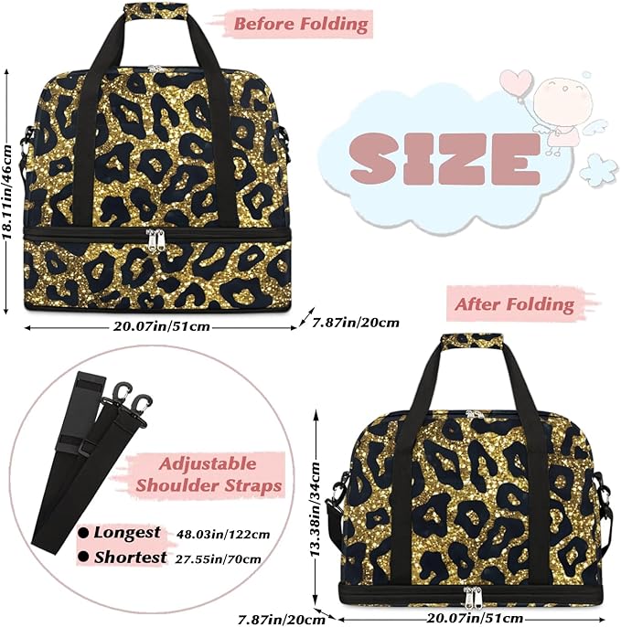 cfpolar Woman Travel Duffel Bag Gold Sequin Leopard Print Foldable Tote Carry On Luggage Sports Gym Bag With Shoe Compartment Overnight Weekend Yoga Workout Bag Training Handbag